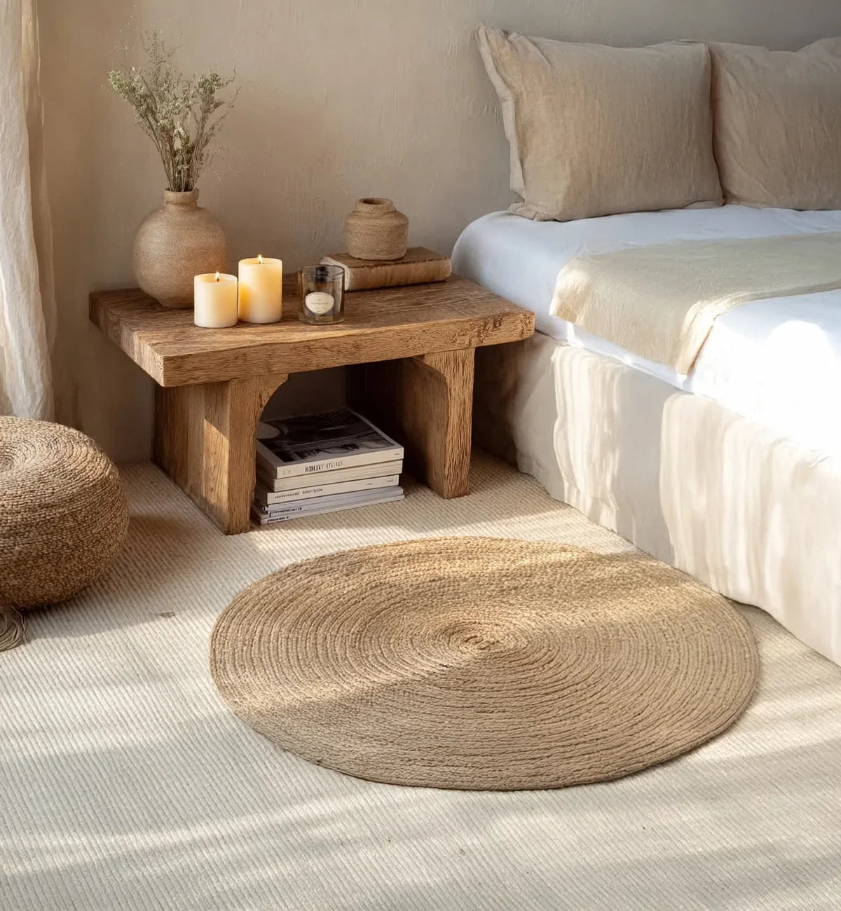 Modern Nightstand Rattan Side End Table With Storage
